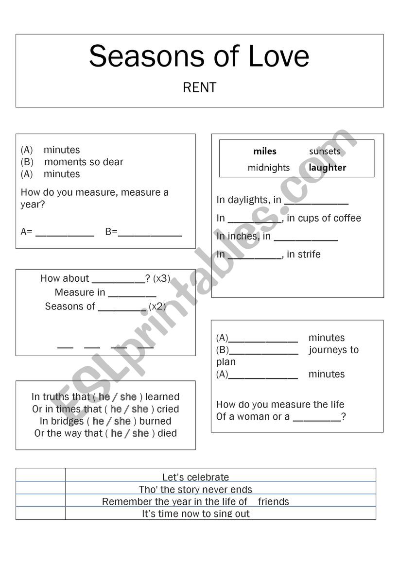 Seasons of Love Worksheet [elementary]